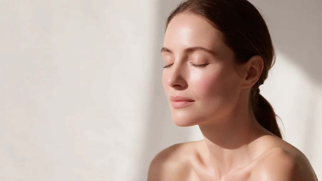 A woman with clear, calm skin, eyes closed in soft daylight