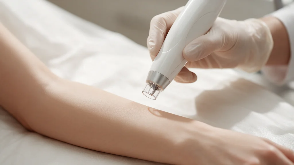 A gloved practitioner guiding a laser handpiece over a client's forearm